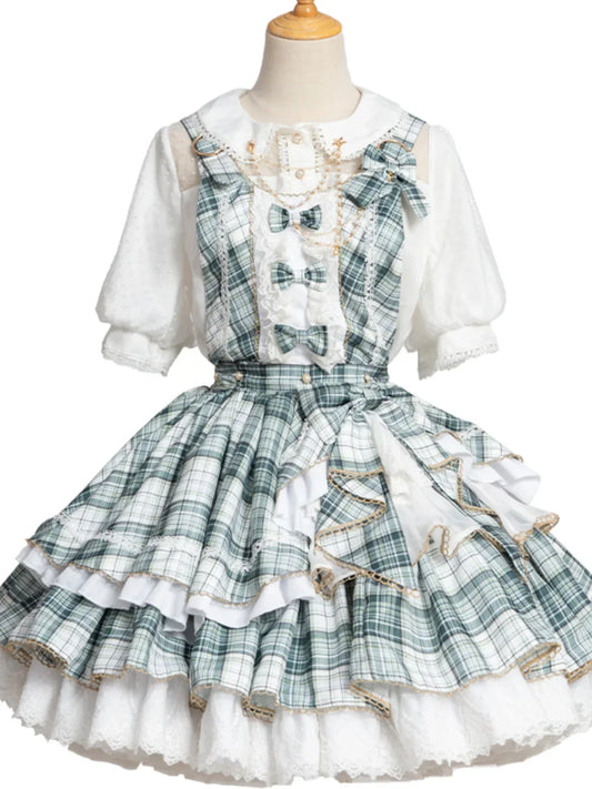 Plaid Short Strap Skirt - Lolita Spring Dress - Green / S - All Dresses - Dresses - 1 - 2024