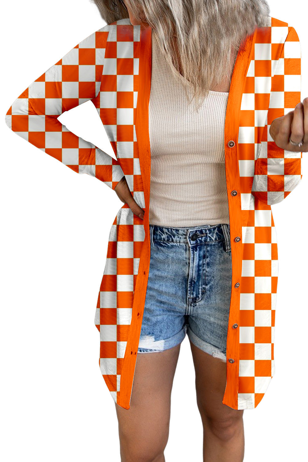 Checkered Button Up Long Cardigan - Women’s Clothing & Accessories - Shirts & Tops - 3 - 2024