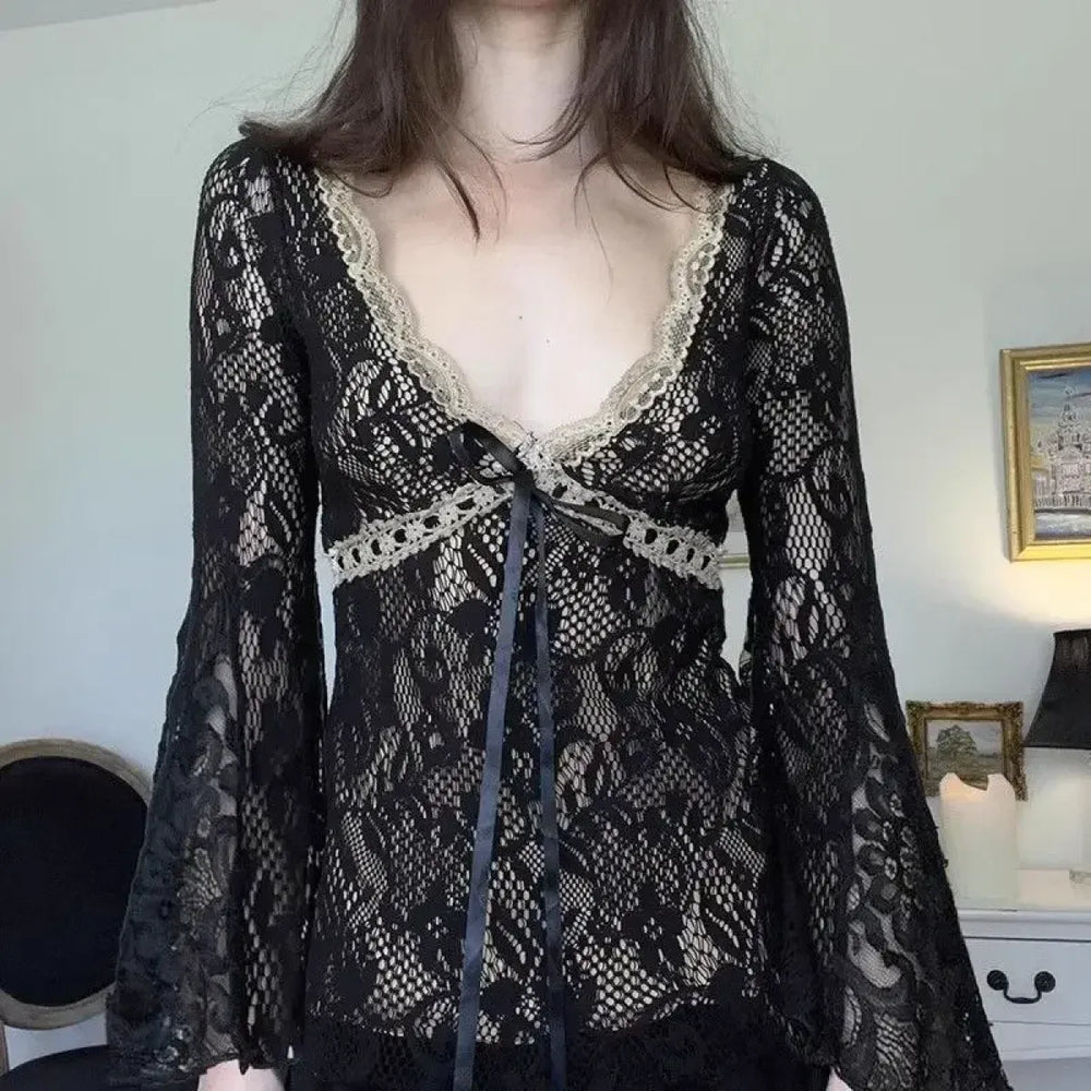 Coquette Lace V-Neck Grunge Long Sleeve Top - T-Shirts - T-Shirts - 1