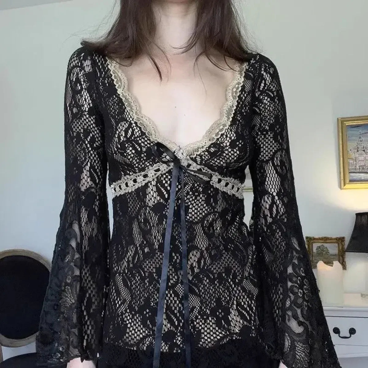 Coquette Lace V-Neck Grunge Long Sleeve Top - Best Sellers - T-Shirts - 1
