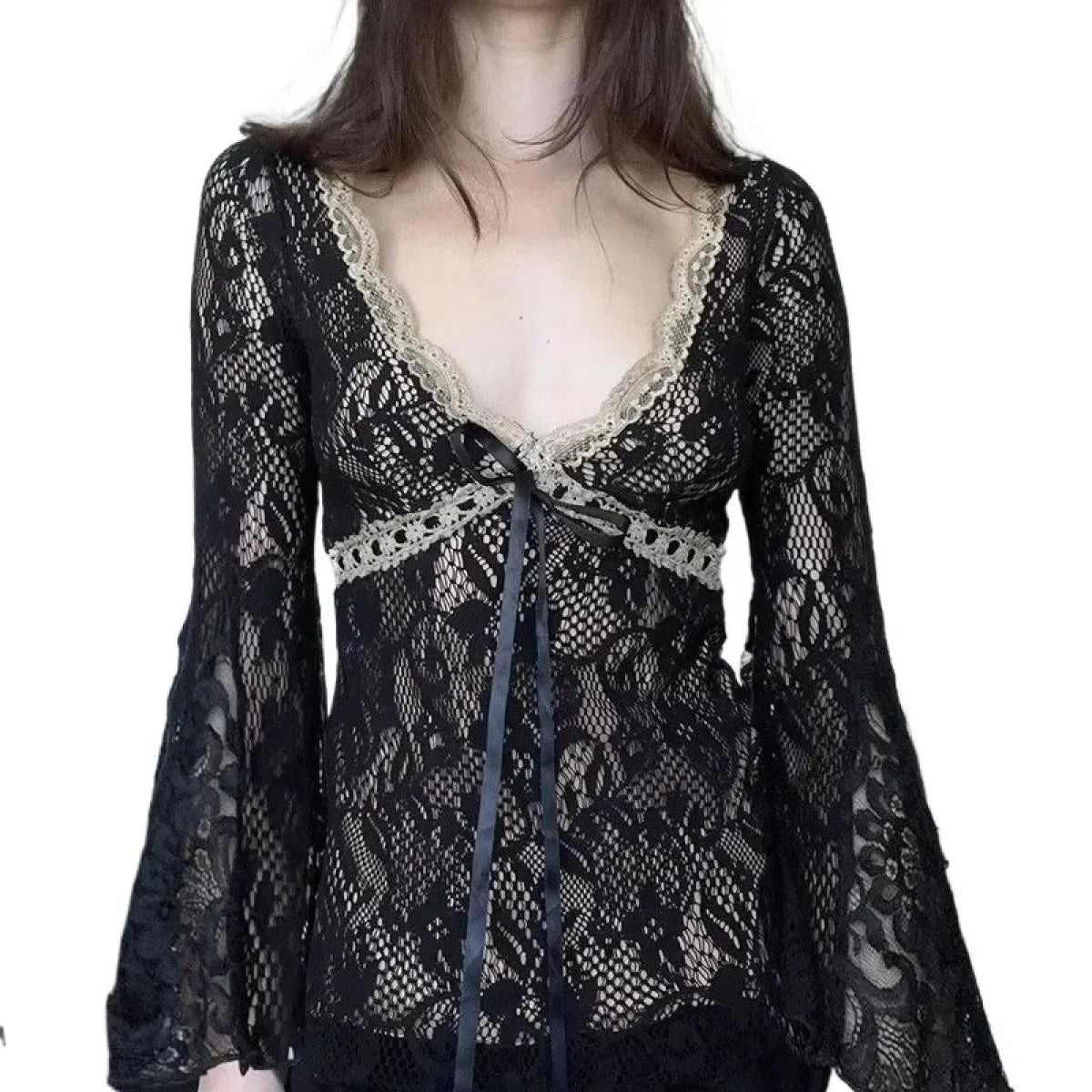 Coquette Lace V-Neck Grunge Long Sleeve Top - T-Shirts - T-Shirts - 6