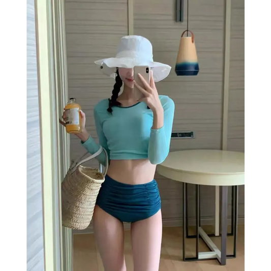 Contrast Long Sleeve High Waist Bikini Set - Swimsuits - Swimsuits - 6