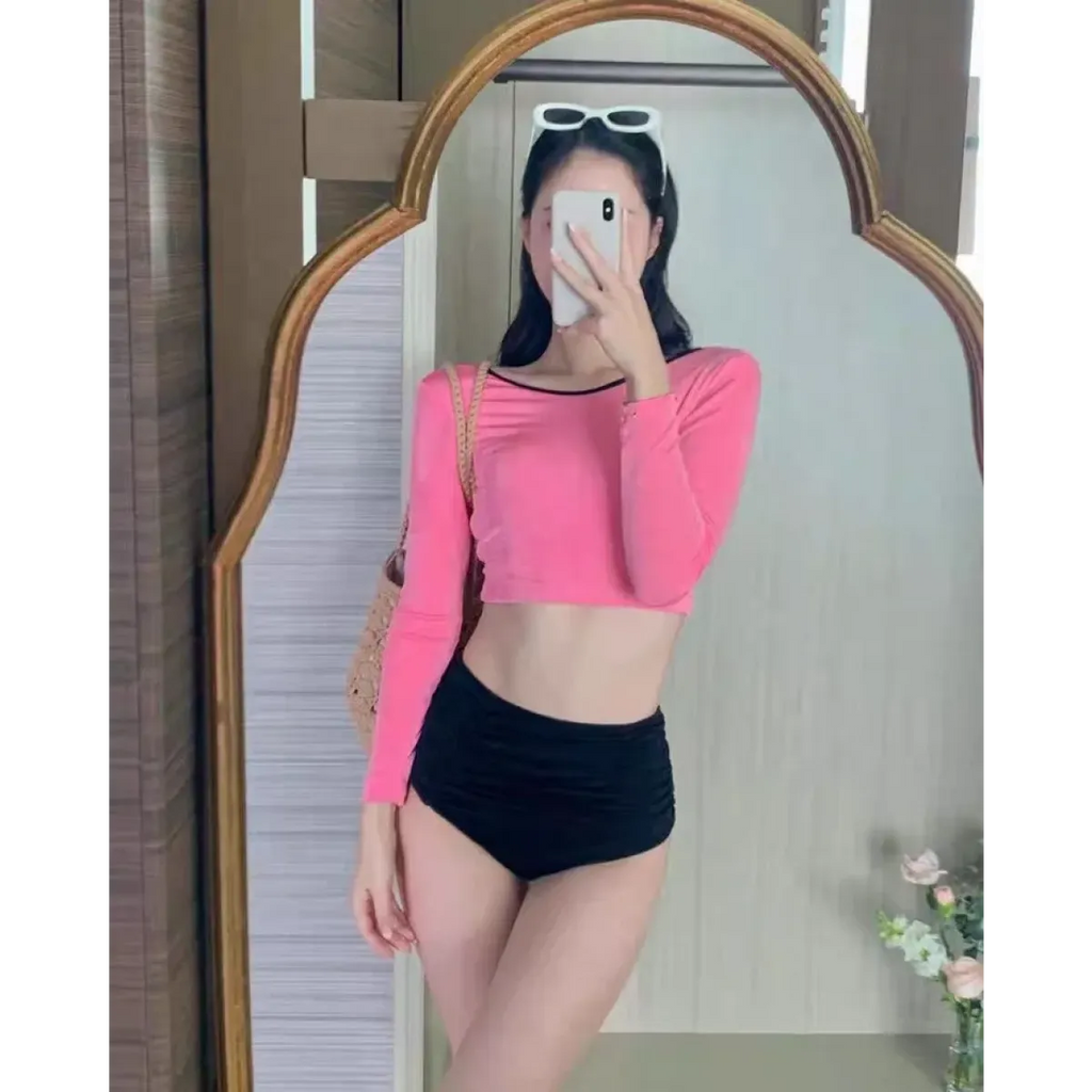 Contrast Long Sleeve High Waist Bikini Set - Swimsuits - Swimsuits - 7