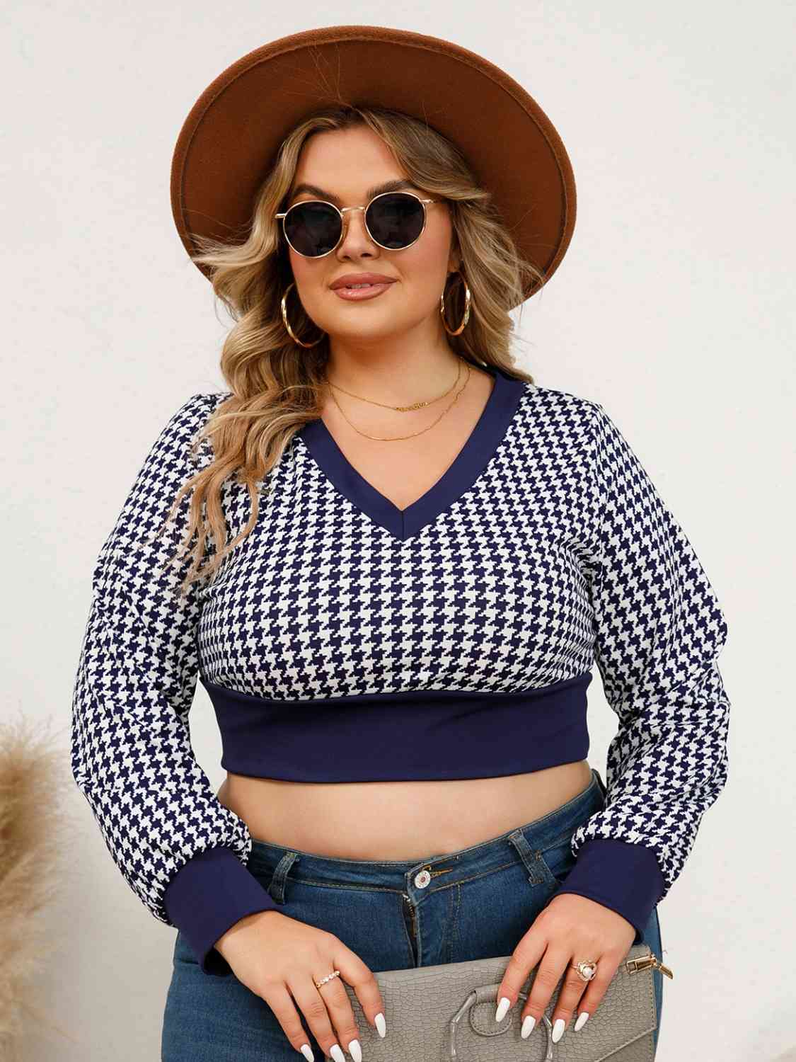 Plus Size Houndstooth V-Neck Long Sleeve Blouse - Navy / 0XL - Women’s Clothing & Accessories - Shirts & Tops - 1 - 2024