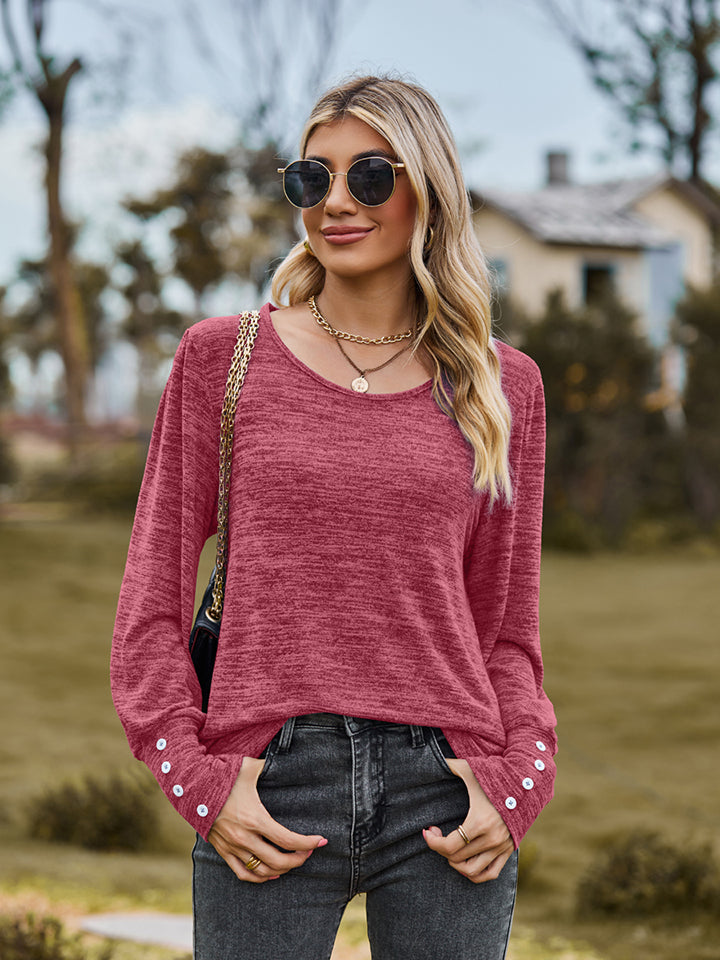 Round Neck Long Sleeve Buttoned T-Shirt - Dark Red / S - T-Shirts - Shirts & Tops - 1 - 2024