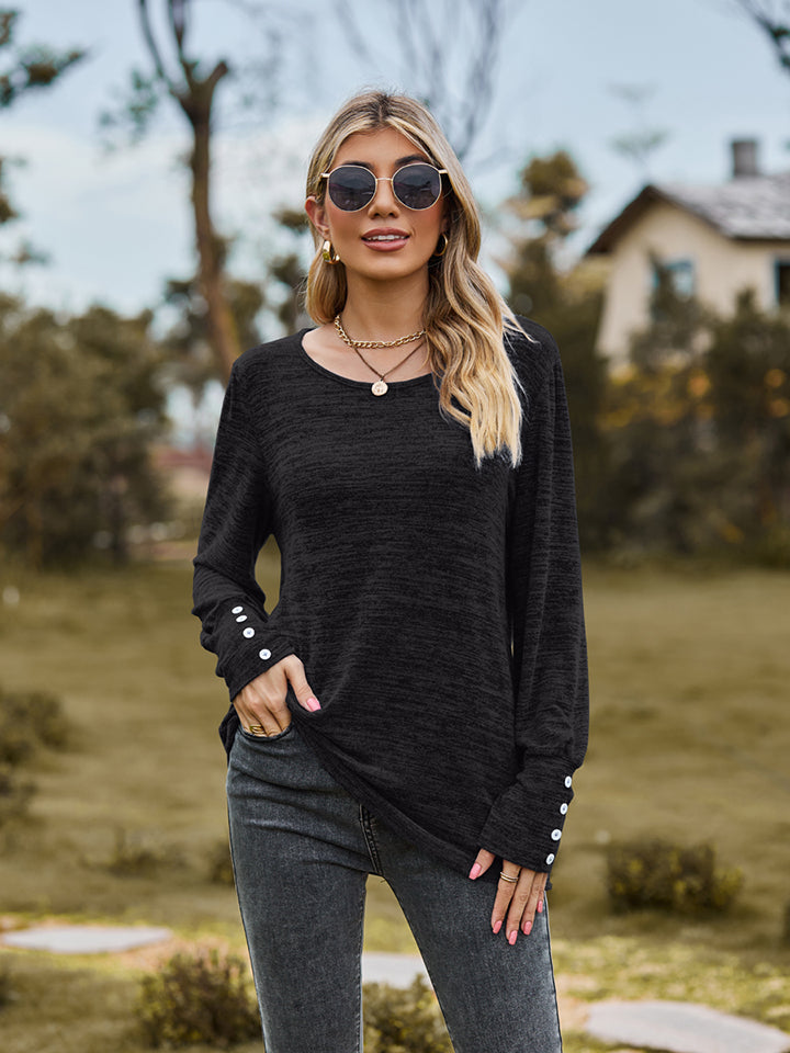 Round Neck Long Sleeve Buttoned T-Shirt - T-Shirts - Shirts & Tops - 11 - 2024