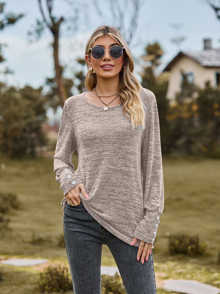 Round Neck Long Sleeve Buttoned T-Shirt - T-Shirts - Shirts & Tops - 17 - 2024