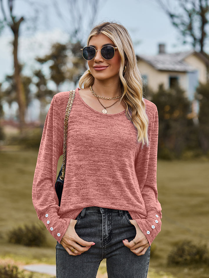 Round Neck Long Sleeve Buttoned T-Shirt - Pink / S - T-Shirts - Shirts & Tops - 7 - 2024