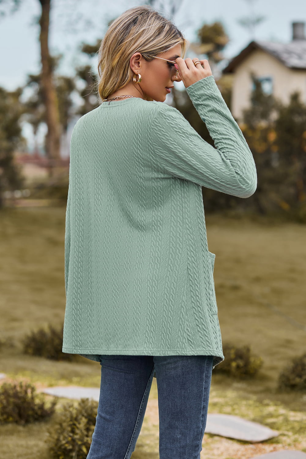 Cable-Knit Long Sleeve Cardigan with Pocket - Women’s Clothing & Accessories - Shirts & Tops - 2 - 2024