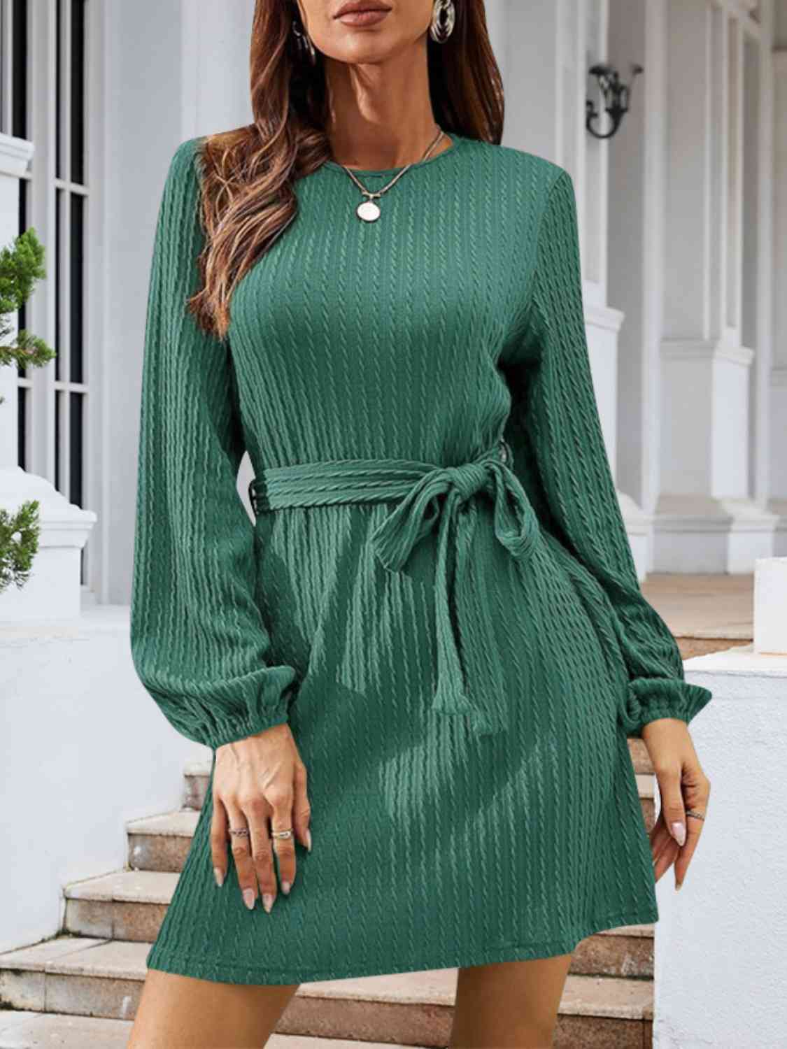 Round Neck Tie Front Long Sleeve Dress - All Dresses - Dresses - 12 - 2024