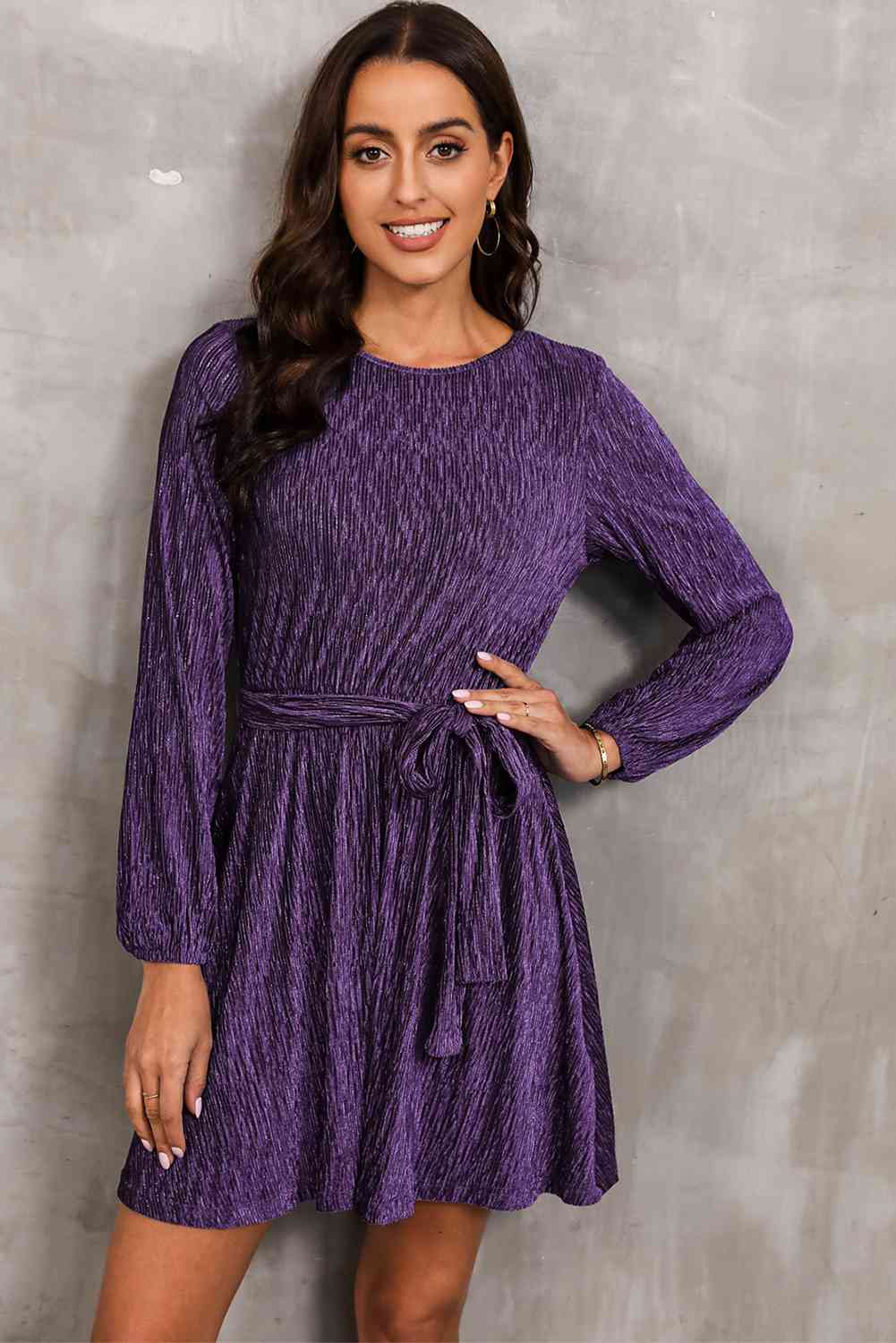 Round Neck Tie Front Long Sleeve Dress - All Dresses - Dresses - 3 - 2024