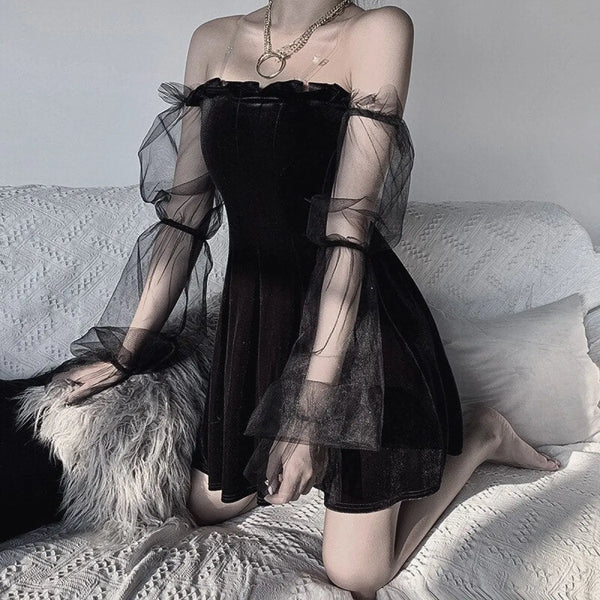 Mesh Long Sleeve Gothic Dress - All Dresses - 1