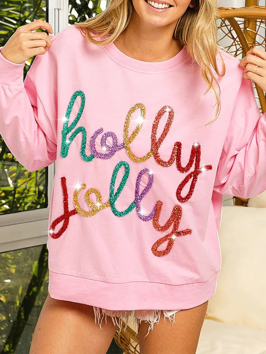 Sequin ’Holly Jolly’ Sweatshirt – Long Sleeve Holiday Pullover - T-Shirts - Sweaters - 2024 - 5 - Worldwide Shipping