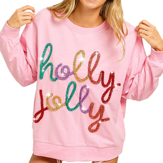 Sequin ’Holly Jolly’ Sweatshirt – Long Sleeve Holiday Pullover - Pink / United States / S - T-Shirts - Sweaters