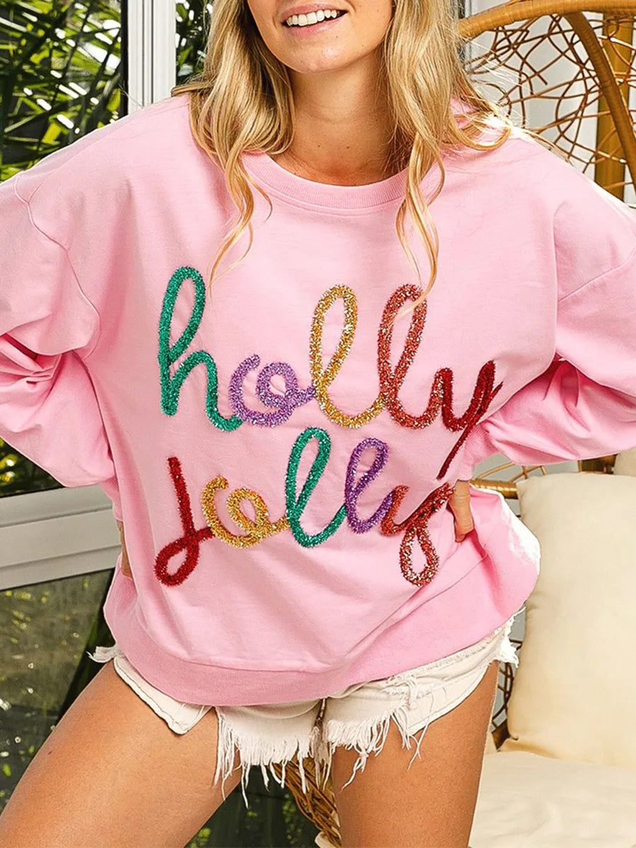 Sequin ’Holly Jolly’ Sweatshirt – Long Sleeve Holiday Pullover - T-Shirts - Sweaters - 2024 - 3 - Worldwide Shipping