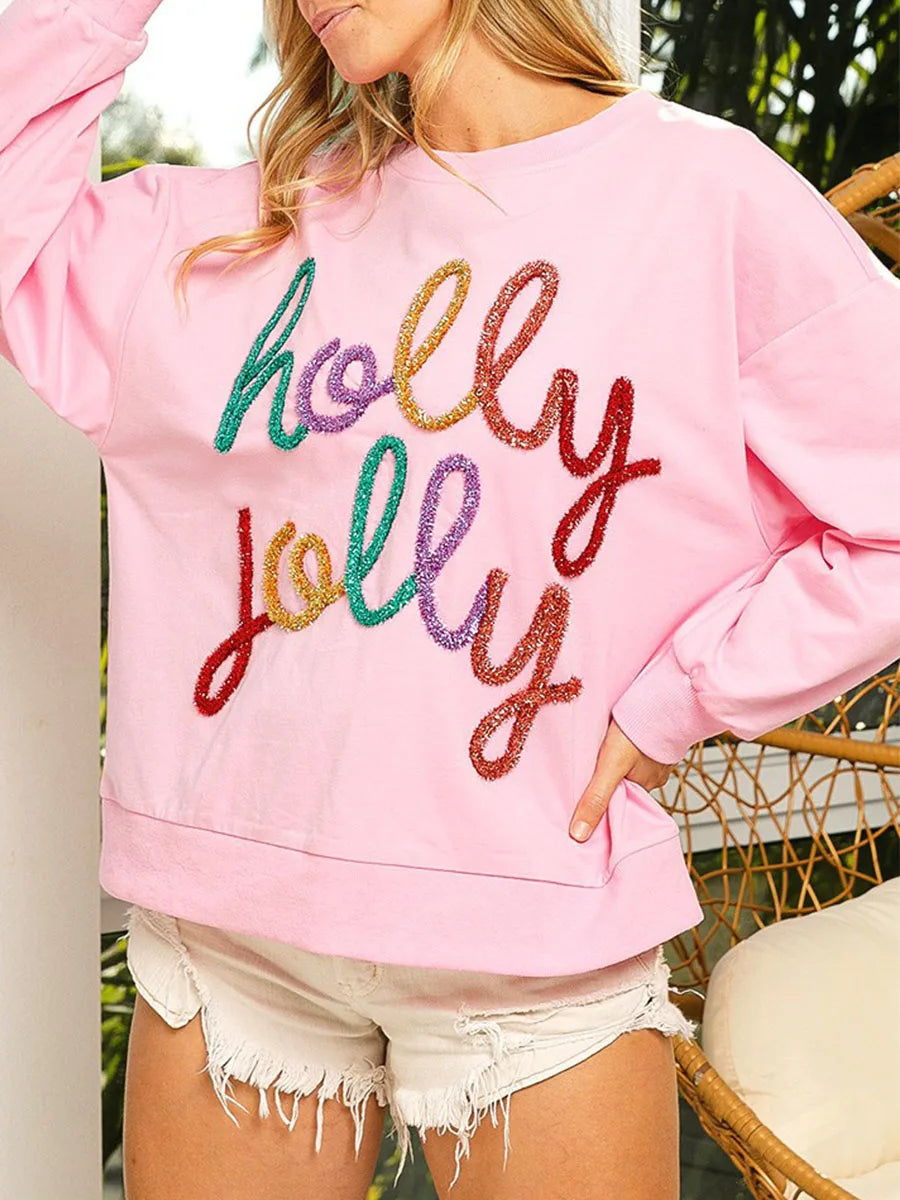 Sequin ’Holly Jolly’ Sweatshirt – Long Sleeve Holiday Pullover - T-Shirts - Sweaters - 2024 - 4 - Worldwide Shipping