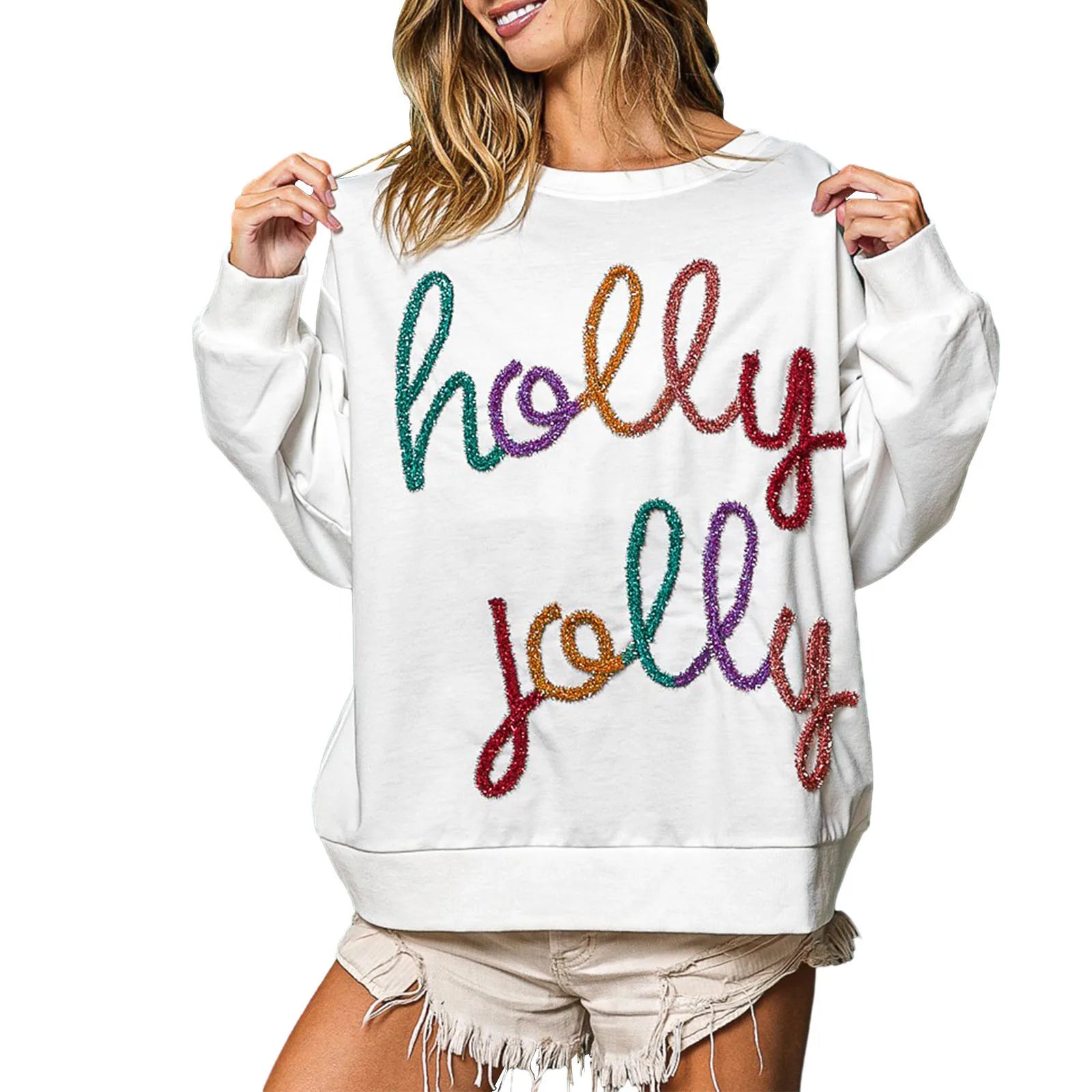 Sequin ’Holly Jolly’ Sweatshirt – Long Sleeve Holiday Pullover - White / United States / S - T-Shirts - Sweaters