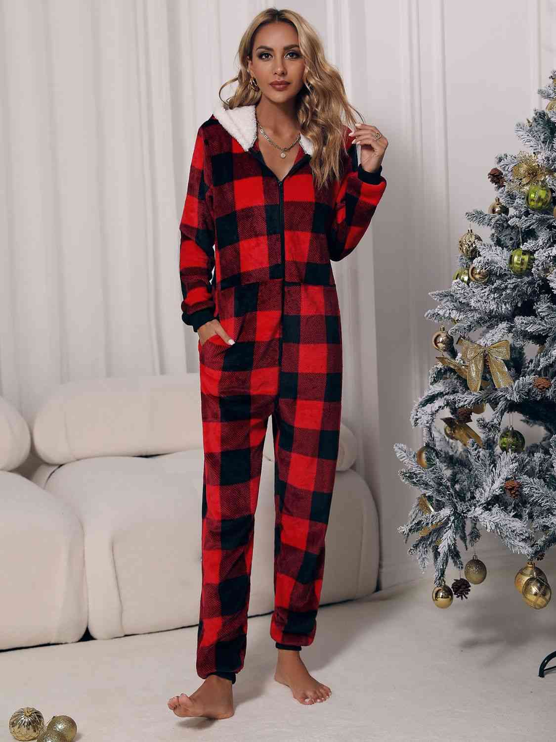 Plaid Zip Front Long Sleeve Hooded Lounge Jumpsuit - Women’s Clothing & Accessories - Jumpsuits & Rompers - 3 - 2024