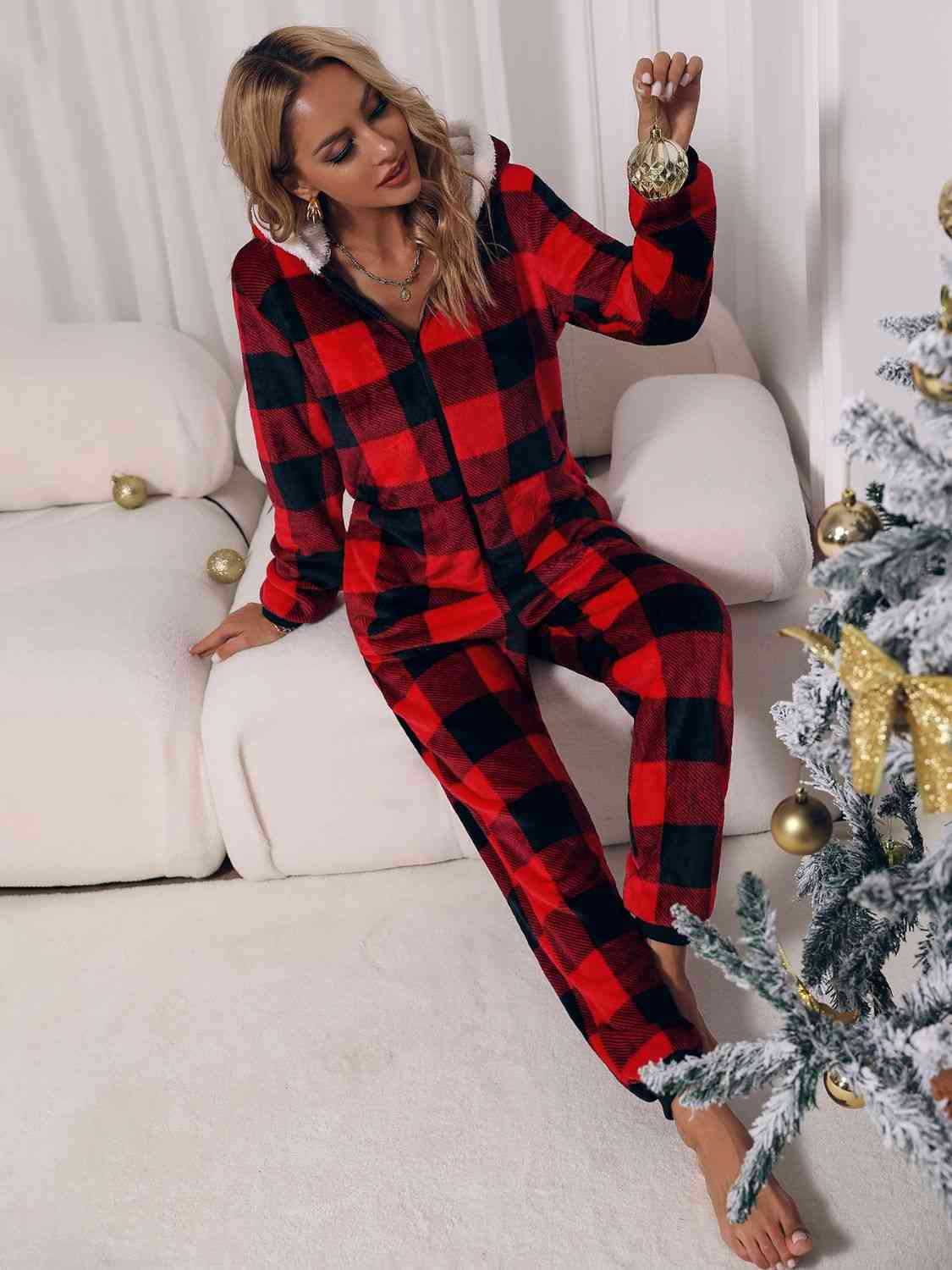 Plaid Zip Front Long Sleeve Hooded Lounge Jumpsuit - Women’s Clothing & Accessories - Jumpsuits & Rompers - 4 - 2024