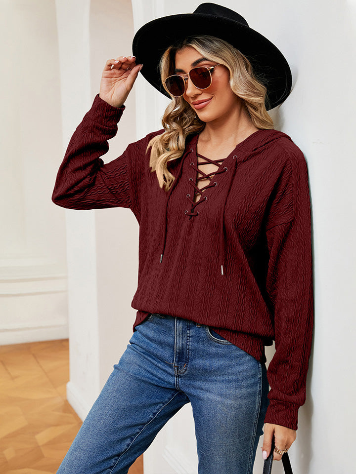 Lace-Up Long Sleeve Hoodie - Red / S - Women’s Clothing & Accessories - Shirts & Tops - 21 - 2024