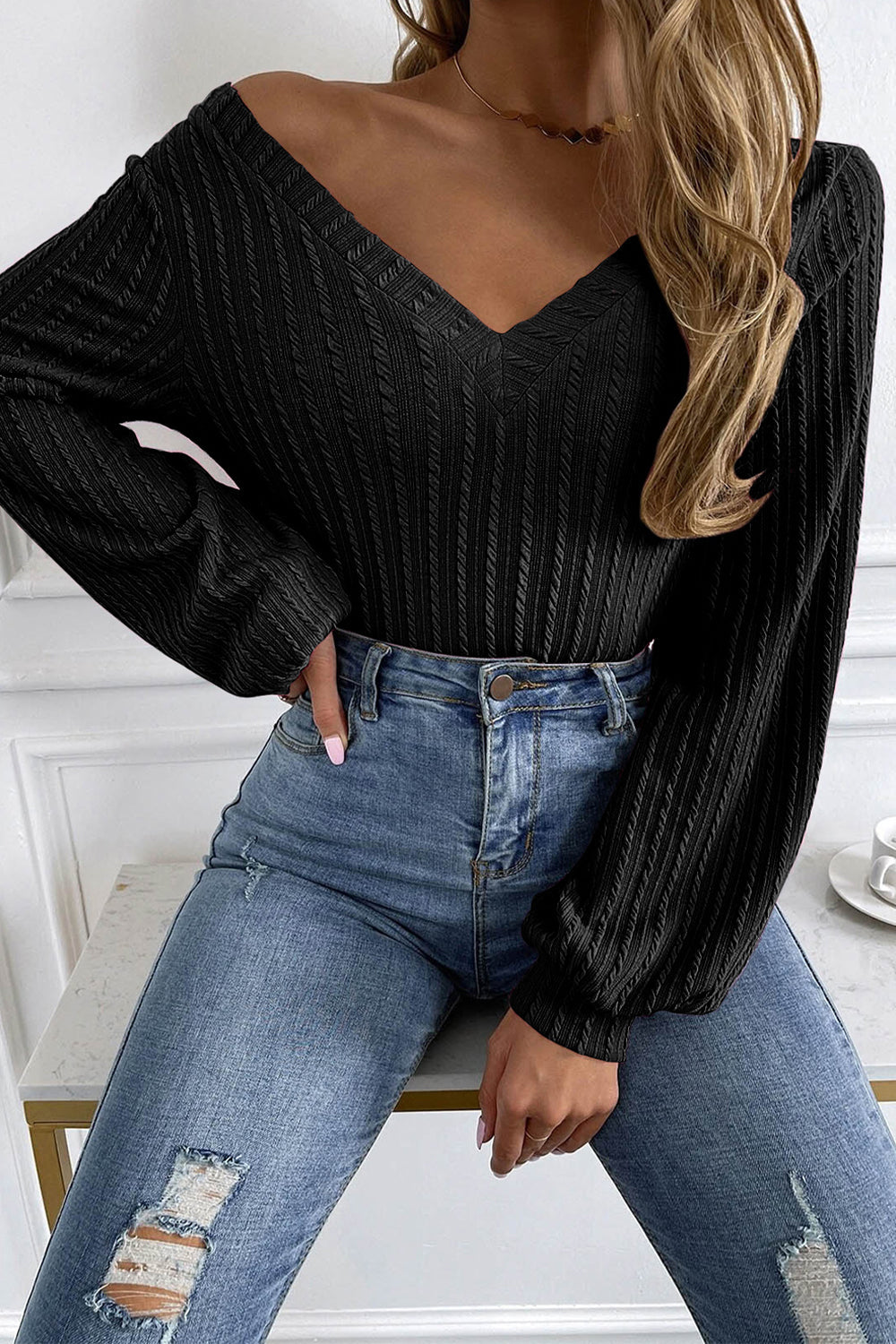 V-Neck Long Sleeve Knit Top - Women’s Clothing & Accessories - Dresses - 3 - 2024