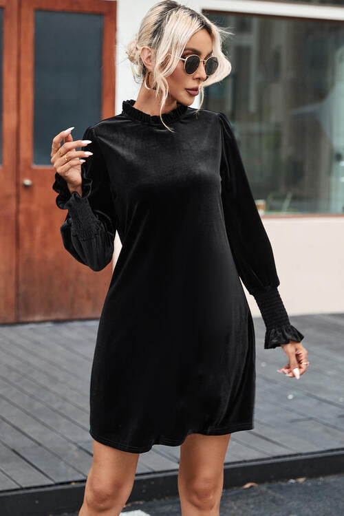 Round Neck Smocked Long Sleeve Mini Dress - Black / S - All Dresses - Dresses - 1 - 2024