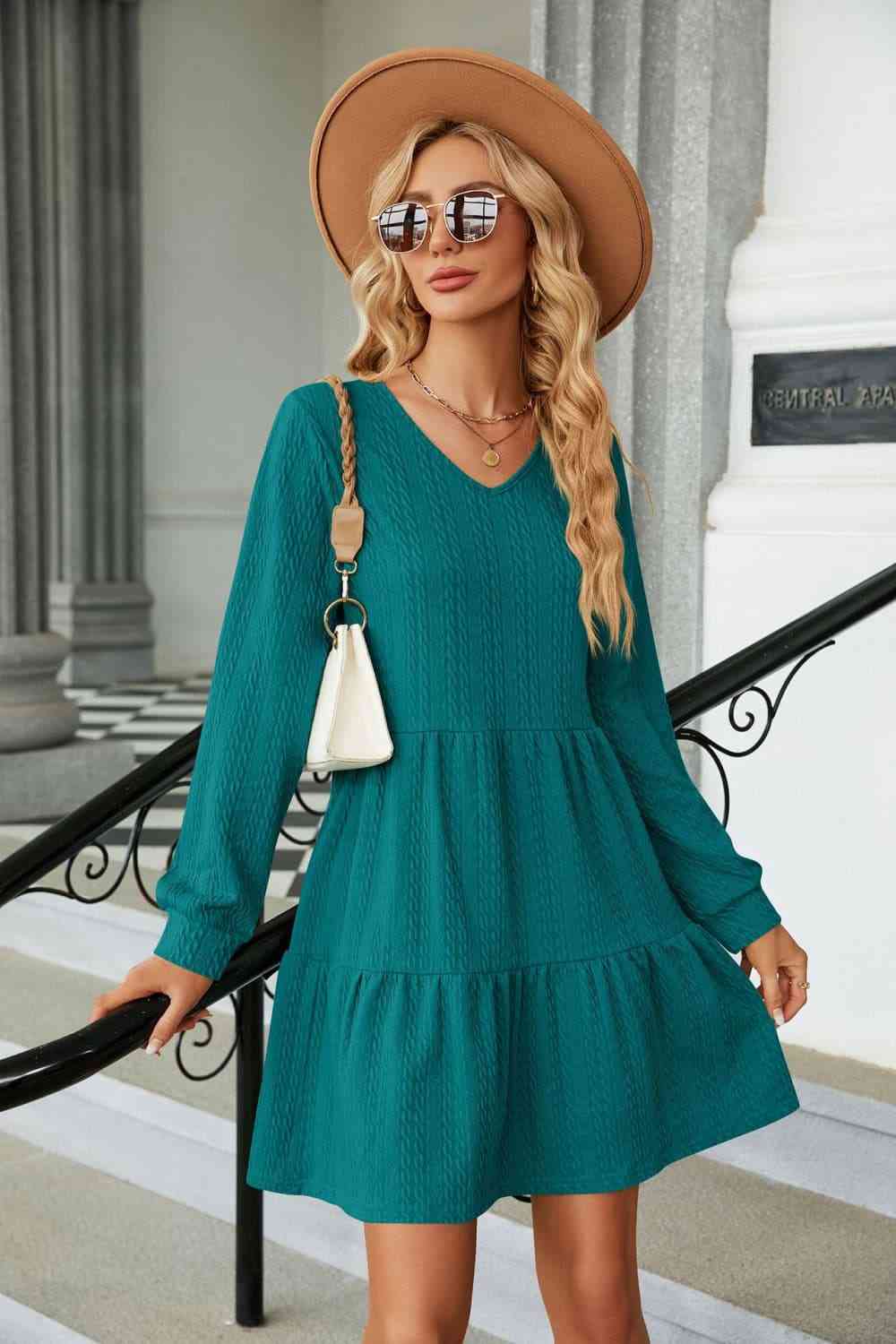 V-Neck Long Sleeve Mini Dress - Teal / S - All Dresses - Dresses - 1 - 2024