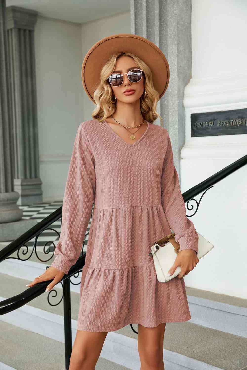 V-Neck Long Sleeve Mini Dress - Dusty Pink / S - All Dresses - Dresses - 10 - 2024