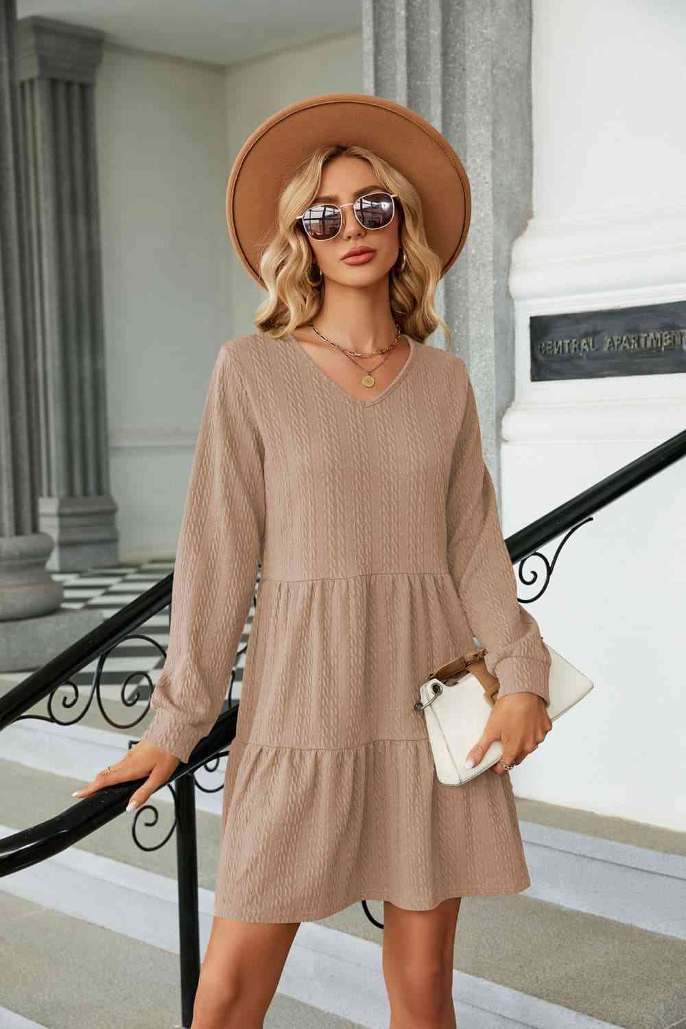 V-Neck Long Sleeve Mini Dress - Khaki / S - All Dresses - Dresses - 13 - 2024