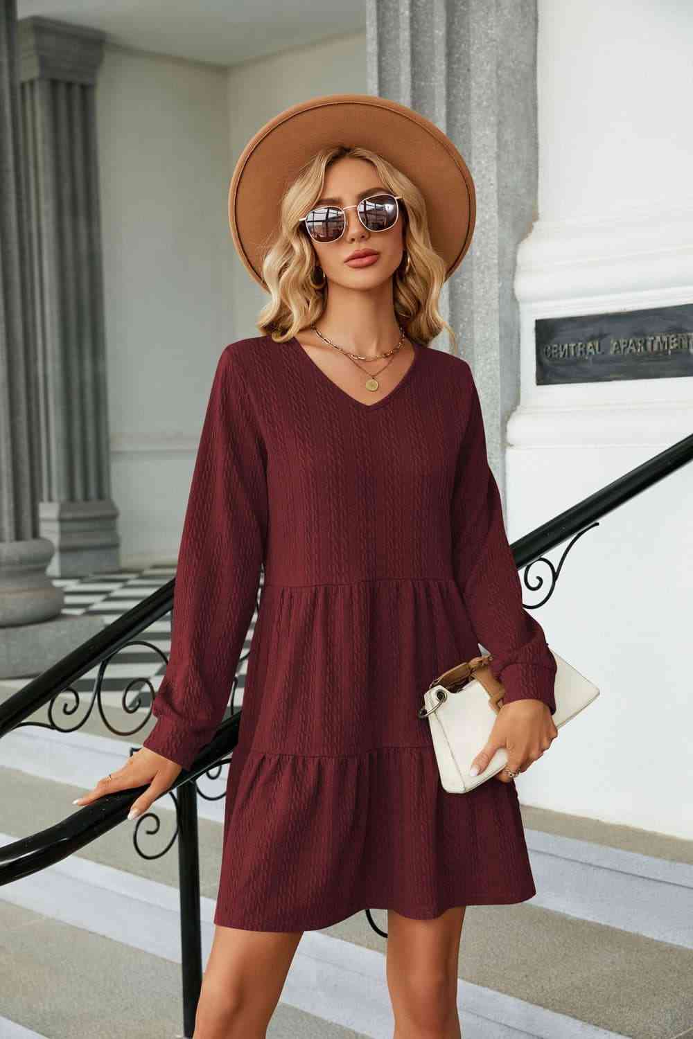 V-Neck Long Sleeve Mini Dress - Wine / S - All Dresses - Dresses - 16 - 2024