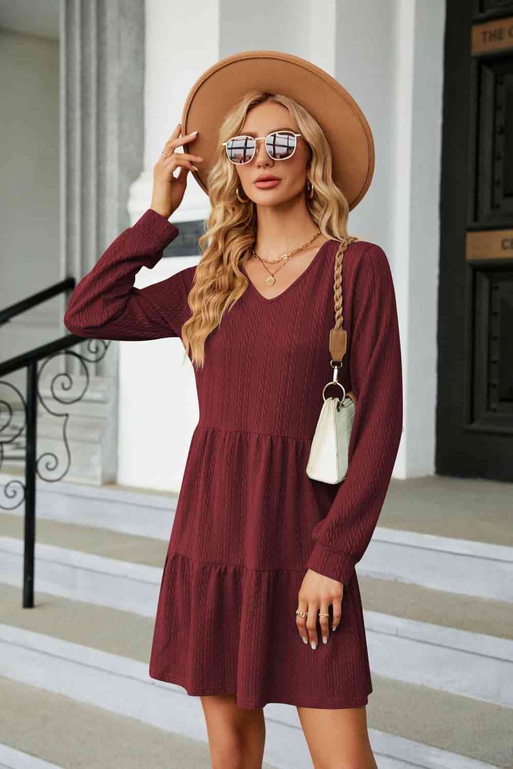 V-Neck Long Sleeve Mini Dress - All Dresses - Dresses - 17 - 2024