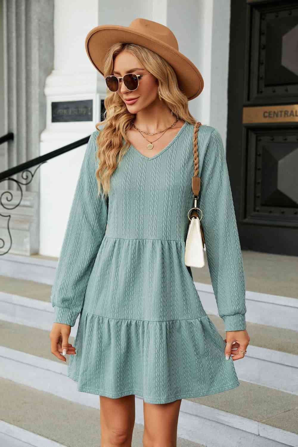 V-Neck Long Sleeve Mini Dress - Sage / S - All Dresses - Dresses - 4 - 2024