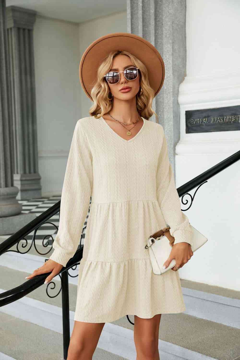 V-Neck Long Sleeve Mini Dress - Ivory / S - All Dresses - Dresses - 7 - 2024