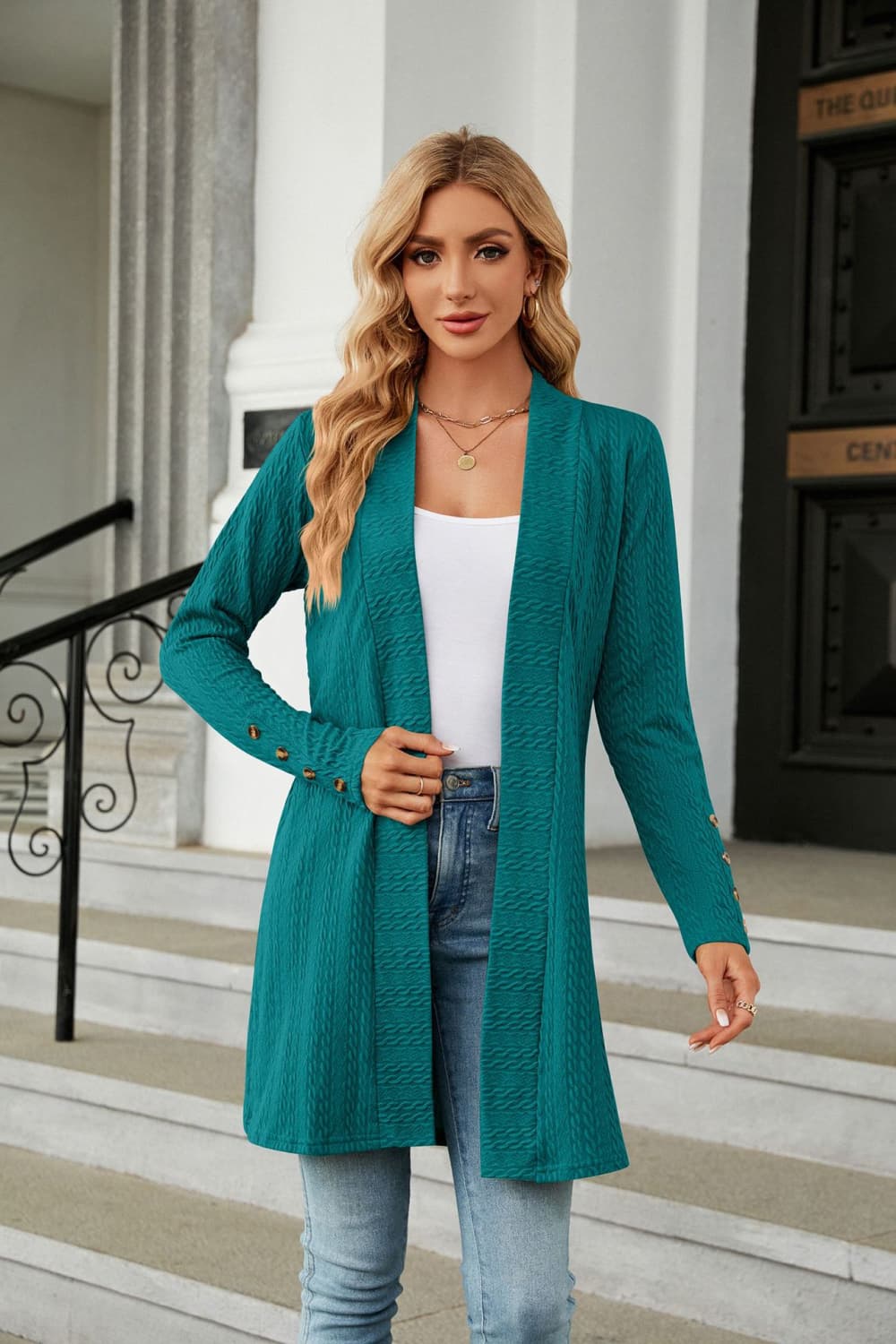 Long Sleeve Open Front Cardigan - Teal / S - Women’s Clothing & Accessories - Shirts & Tops - 10 - 2024