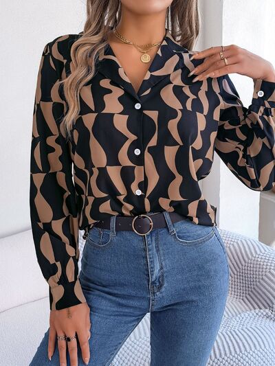 Printed Button Up Long Sleeve Shirt - Camel / S - T-Shirts - Shirts & Tops - 5 - 2024