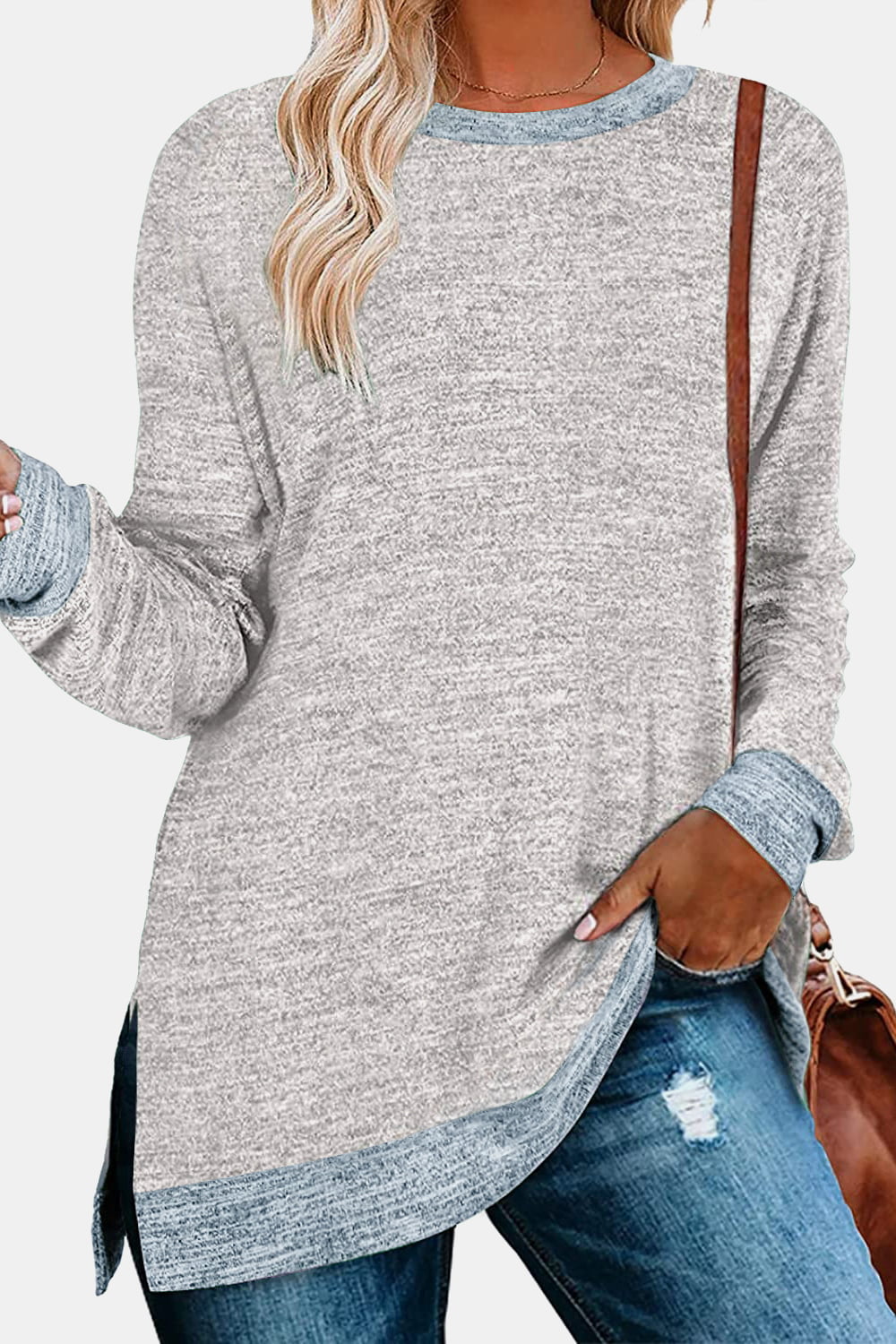 Round Neck Long Sleeve Slit T-Shirt - Light Gray / S - T-Shirts - Shirts & Tops - 1 - 2024