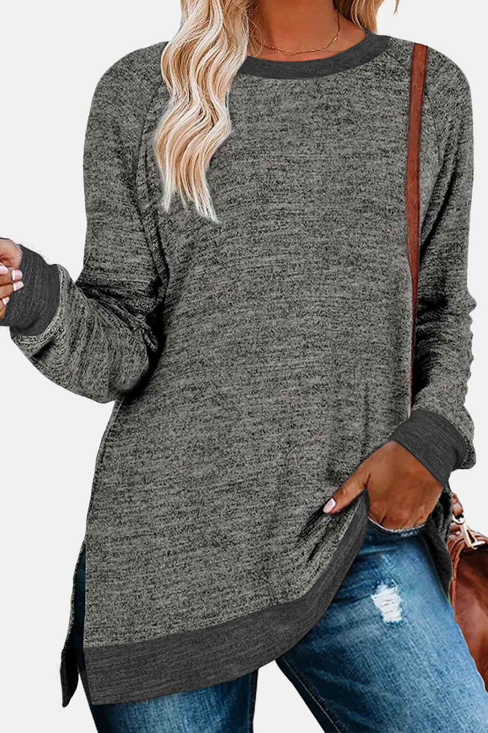 Round Neck Long Sleeve Slit T-Shirt - Dark Gray / S - T-Shirts - Shirts & Tops - 10 - 2024