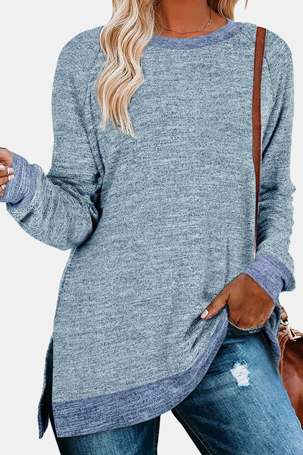 Round Neck Long Sleeve Slit T-Shirt - Blue / S - T-Shirts - Shirts & Tops - 13 - 2024