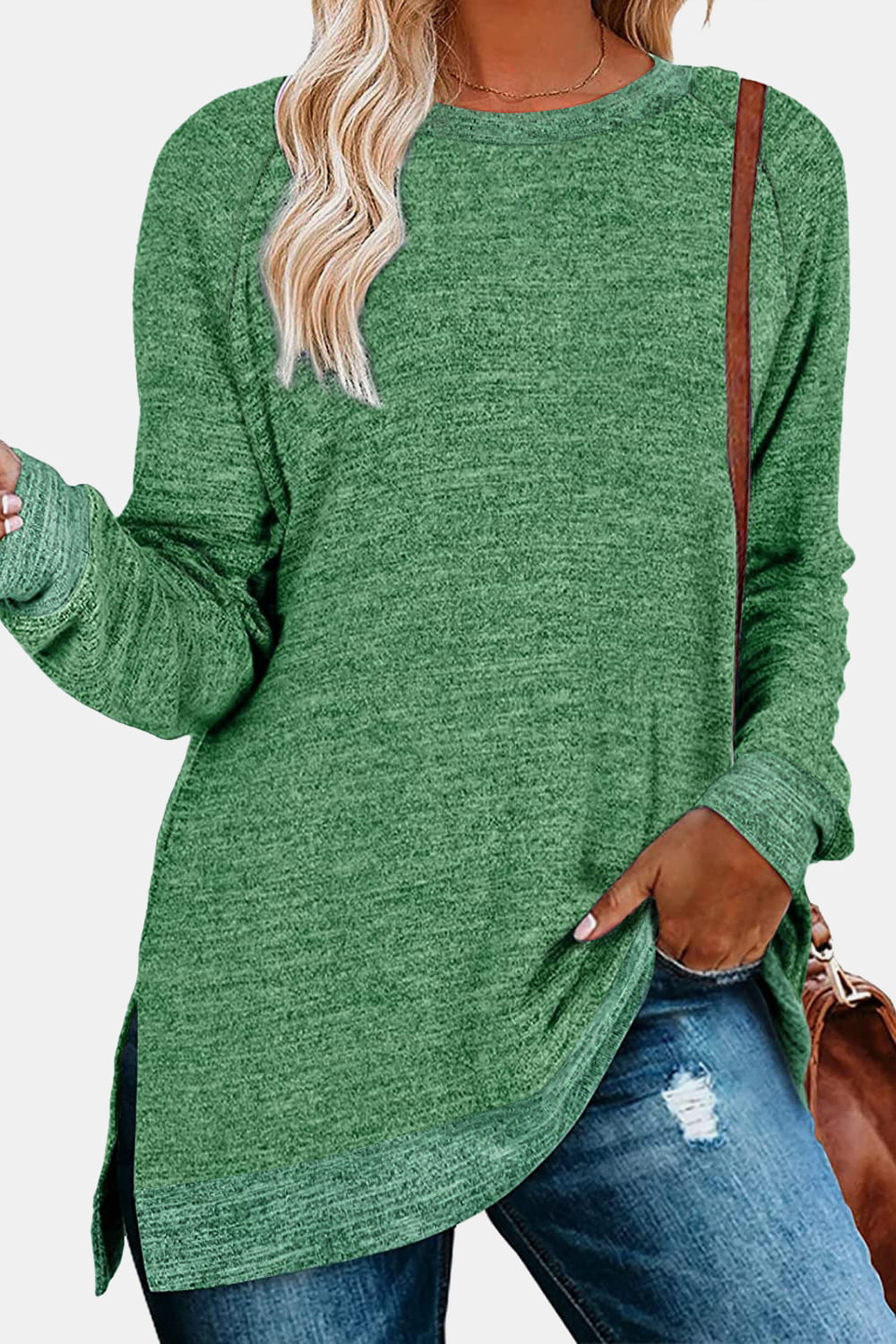 Round Neck Long Sleeve Slit T-Shirt - Green / S - T-Shirts - Shirts & Tops - 22 - 2024