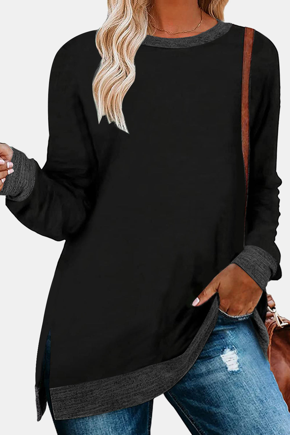 Round Neck Long Sleeve Slit T-Shirt - Black / S - T-Shirts - Shirts & Tops - 25 - 2024