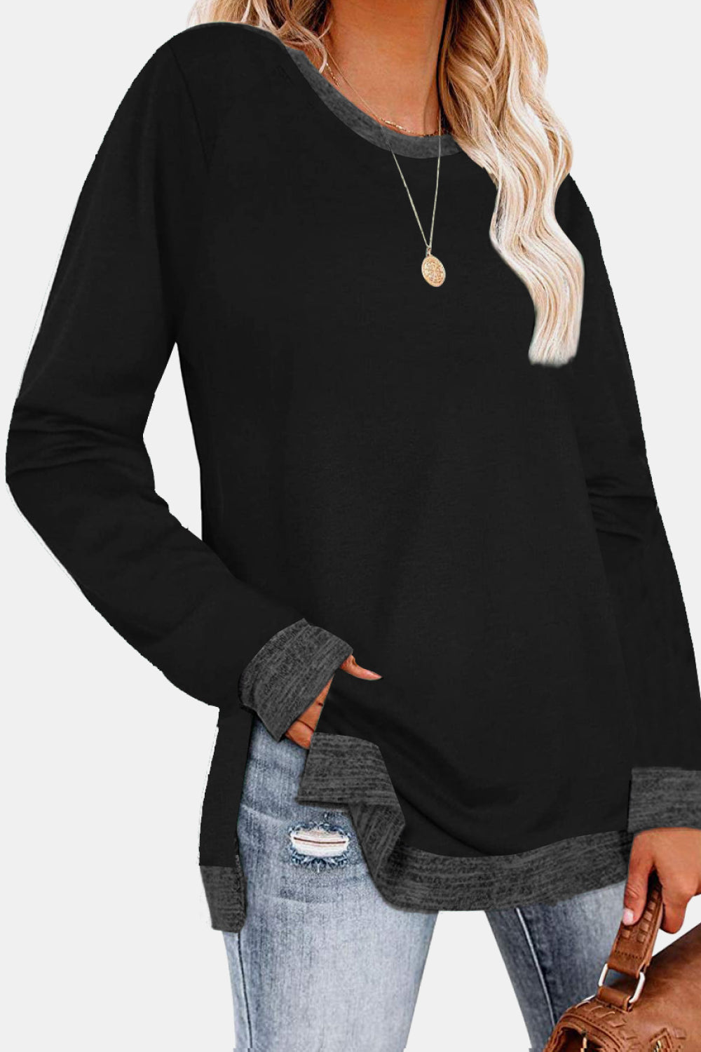 Round Neck Long Sleeve Slit T-Shirt - T-Shirts - Shirts & Tops - 26 - 2024