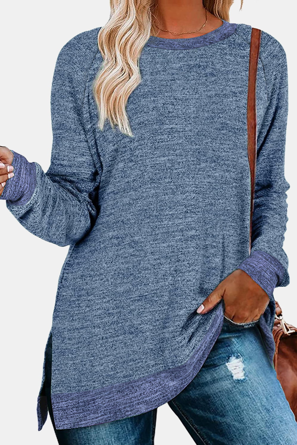 Round Neck Long Sleeve Slit T-Shirt - Dark Blue / S - T-Shirts - Shirts & Tops - 28 - 2024