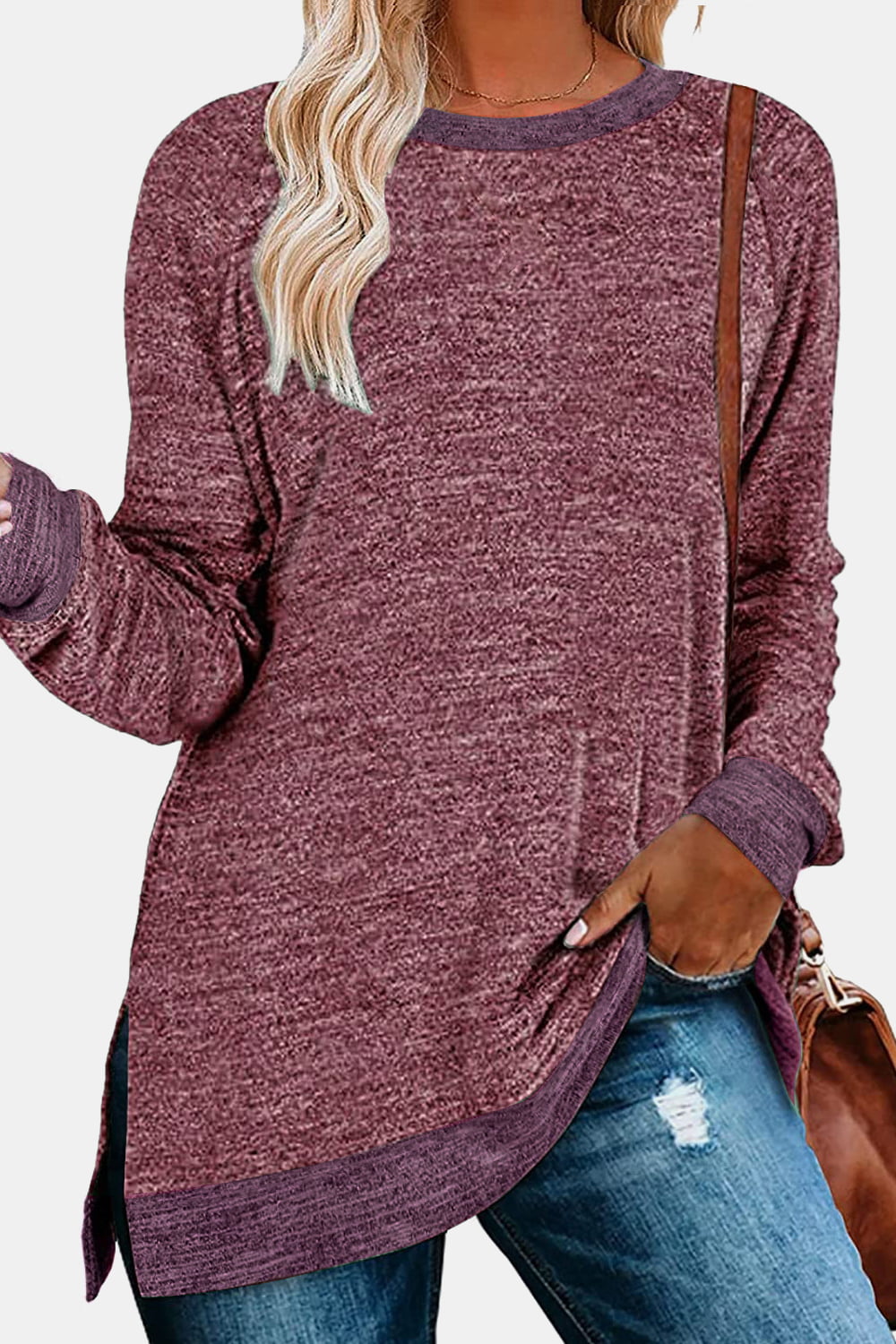 Round Neck Long Sleeve Slit T-Shirt - T-Shirts - Shirts & Tops - 32 - 2024