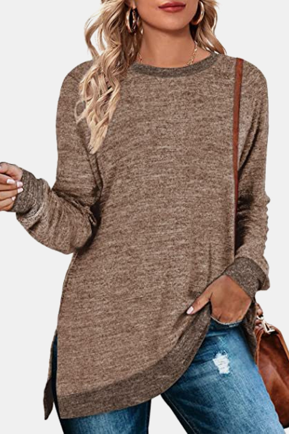 Round Neck Long Sleeve Slit T-Shirt - Brown / S - T-Shirts - Shirts & Tops - 4 - 2024