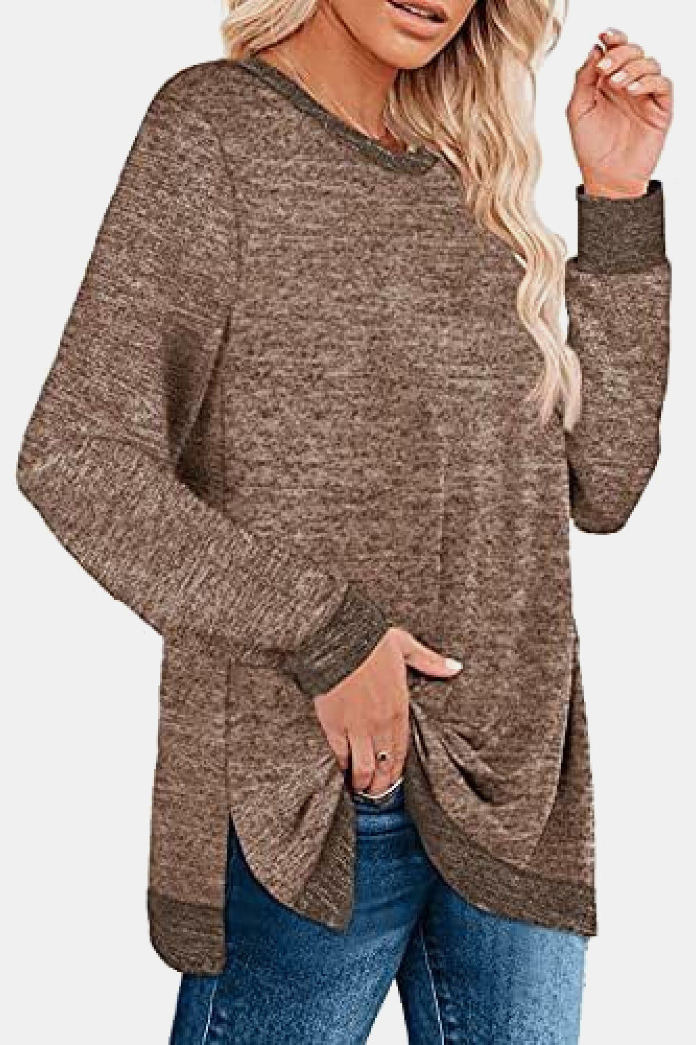 Round Neck Long Sleeve Slit T-Shirt - T-Shirts - Shirts & Tops - 5 - 2024