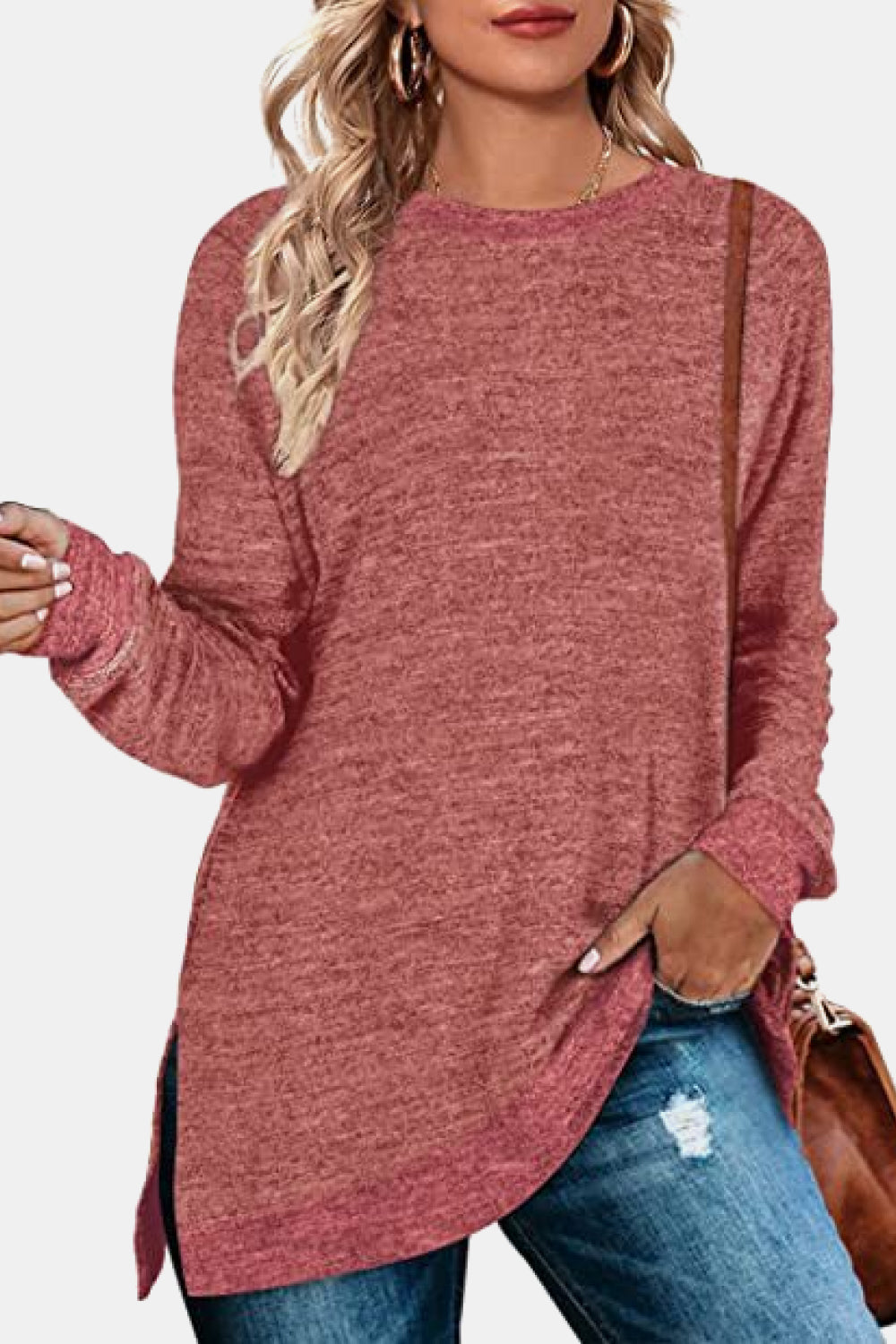 Round Neck Long Sleeve Slit T-Shirt - Light Red / S - T-Shirts - Shirts & Tops - 7 - 2024