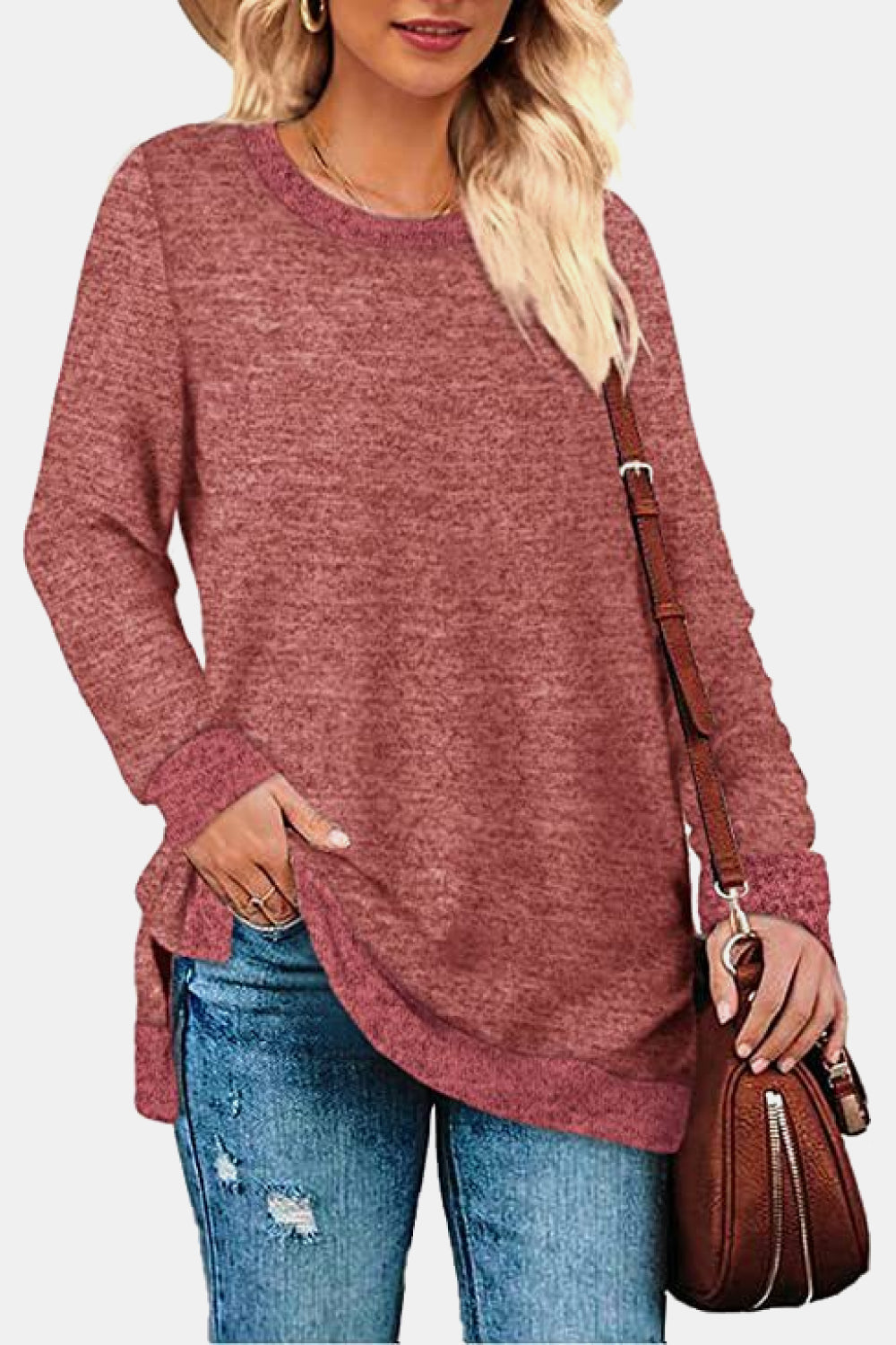 Round Neck Long Sleeve Slit T-Shirt - T-Shirts - Shirts & Tops - 8 - 2024