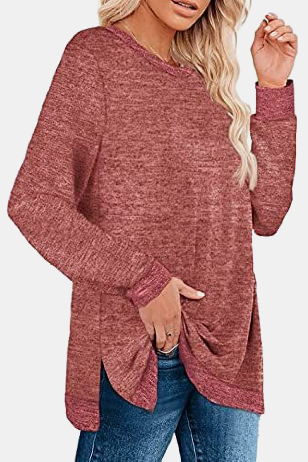 Round Neck Long Sleeve Slit T-Shirt - T-Shirts - Shirts & Tops - 9 - 2024