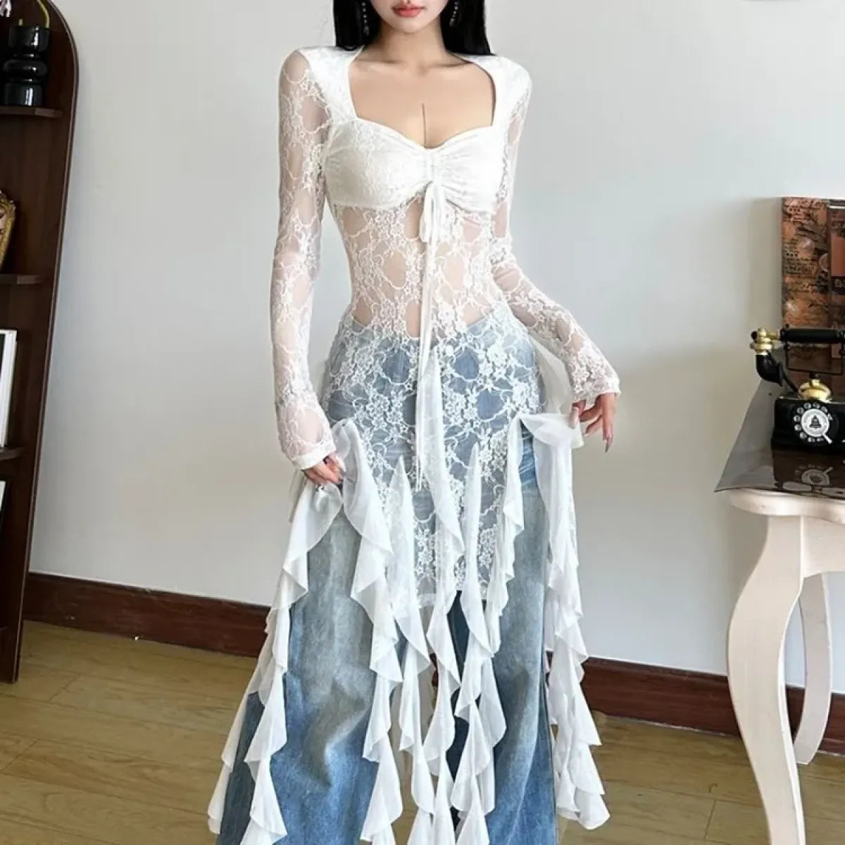 Sheer Lace Mesh Patchwork Long Sleeve Top - T-Shirts - T-Shirt - 1