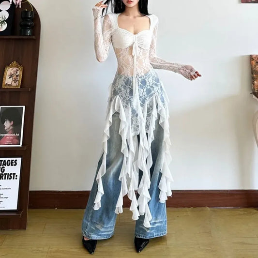 Sheer Lace Mesh Patchwork Long Sleeve Top - T-Shirts - T-Shirt - 2